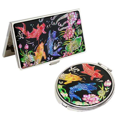 Mother-of-Pearl Mirror and Business Card Case Set 2-Piece - Carp