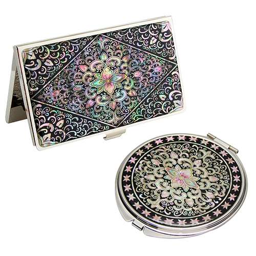 Mother-of-Pearl Mirror and Business Card Case Set - Scrolling Vine Pattern
