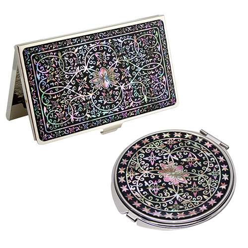 Mother-of-Pearl Mirror and Business Card Case 2-Piece Set - Arabesque Vine Pattern