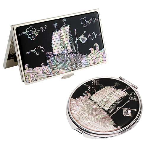 Shell Inlay Mirror and Business Card Case Set (2-piece) - Turtle Ship
