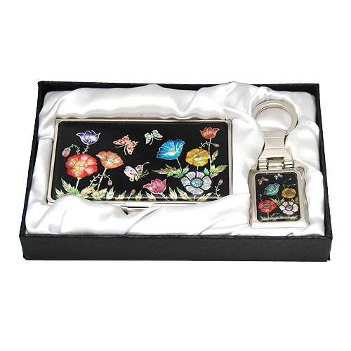 Mother-of-Pearl Business Card Case and Key Set - Peonies
