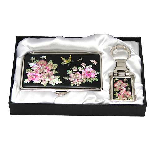 Mother-of-Pearl Business Card Case 2-Type Set with Rose of Sharon Pattern