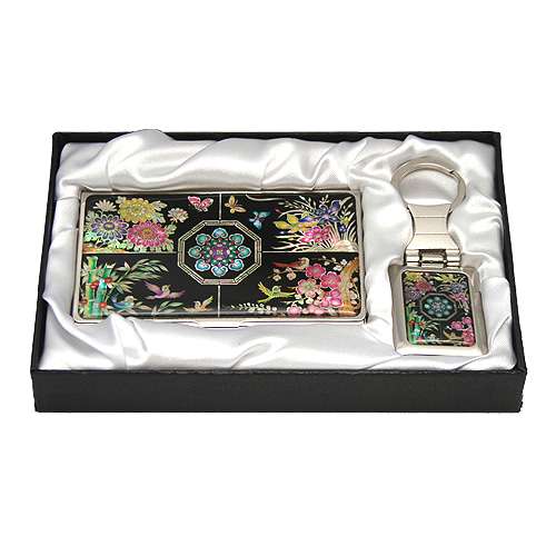Lacquer Inlay Business Card Case with Two-Type Keyring - Four Gentlemen Motif