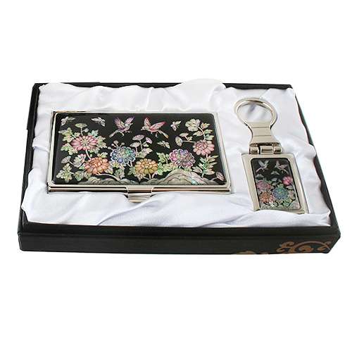 Mother-of-Pearl Business Card Case with Two Keys - Flowers and Birds