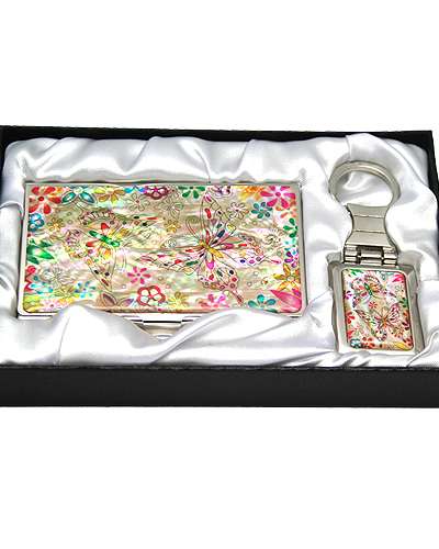 螺鈿名刺キーホルダー2種 花蝶1 白