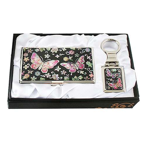 Mother-of-Pearl Business Card Case with 2 Key Rings - Flower Butterfly 2