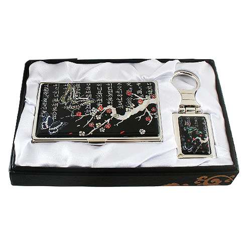 Mother-of-Pearl Business Card Case with 2 Keys and Plum Butterfly 1 Black