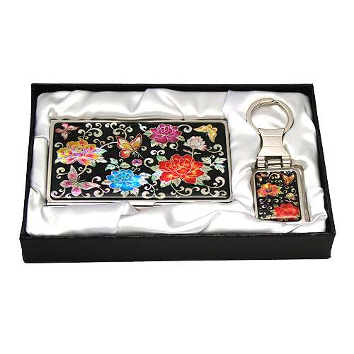 Mother-of-Pearl Business Card Case & Keyring Set (2pcs) Peony Butterfly Black