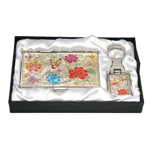 Mother-of-Pearl Business Card Case & Keyring Set 2-Piece Peony Butterfly White