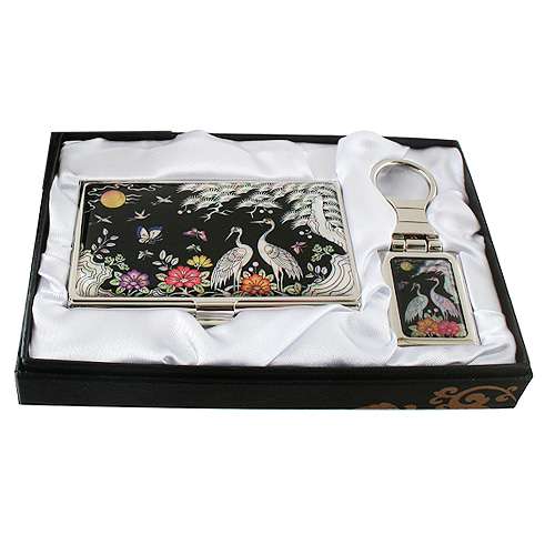 Abalone Business Card Case & Keyring Set - Peony and Crane Design