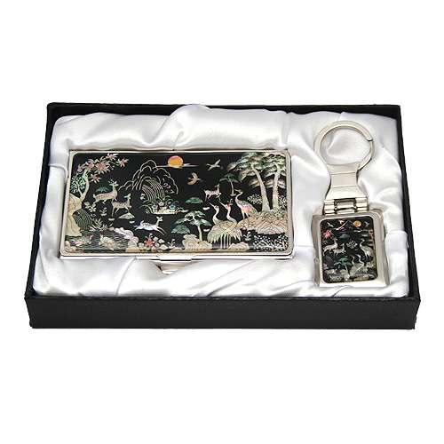 Mother-of-Pearl Business Card Case with 2 Key Rings - Ten Symbols of Longevity Design