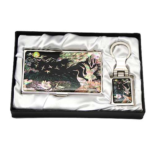 Mother-of-Pearl Business Card Case & Key Holder Set - Mandarin Ducks and Cranes