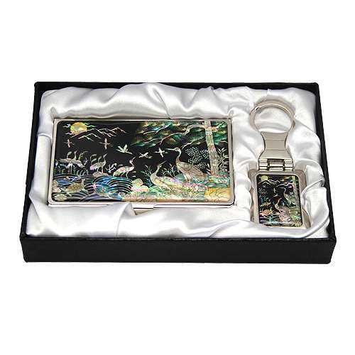 Mother-of-Pearl Business Card Case with 2 Keys - Turtle and Crane