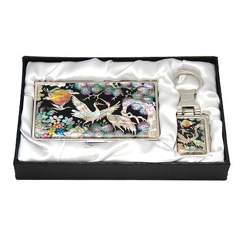 Shell Inlay Business Card Case Keychain Set (2 Types) - Court Cranes Design 1