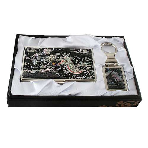 Mother-of-Pearl Business Card Case and Keyring Set - Dragon Design