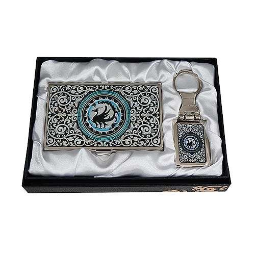 Abalone Business Card Holder Keychain Set of 2 with Three-Legged Crow 1