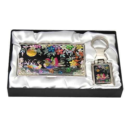 Mother-of-Pearl Business Card Case with 2 Key Charms - Mandarin Ducks
