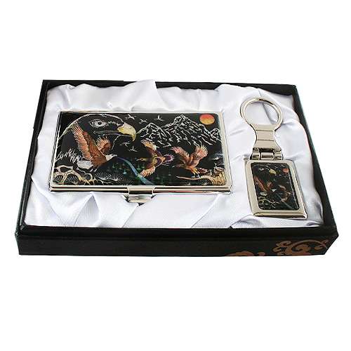 Mother-of-Pearl Business Card Holder Keychain Set of 2 - Eagle
