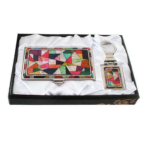 Mother-of-Pearl Business Card Case with Two Key Designs - Jogakbo Pattern