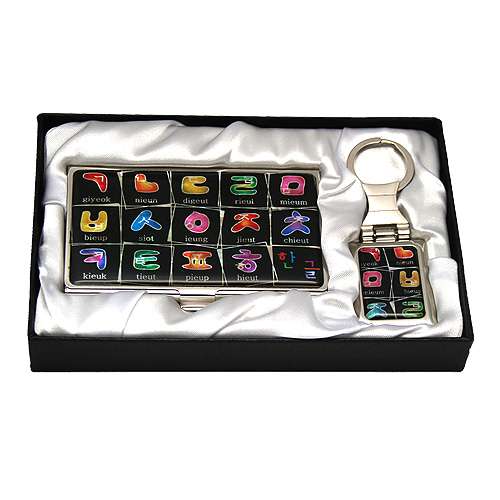 Mother-of-Pearl Business Card Case with Korean Script Keyring Set - Black