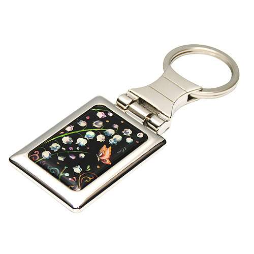 Mother-of-Pearl Square Keyring with Bellflower