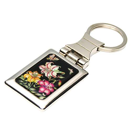 Mother-of-Pearl Square Keyring with Lily Pattern