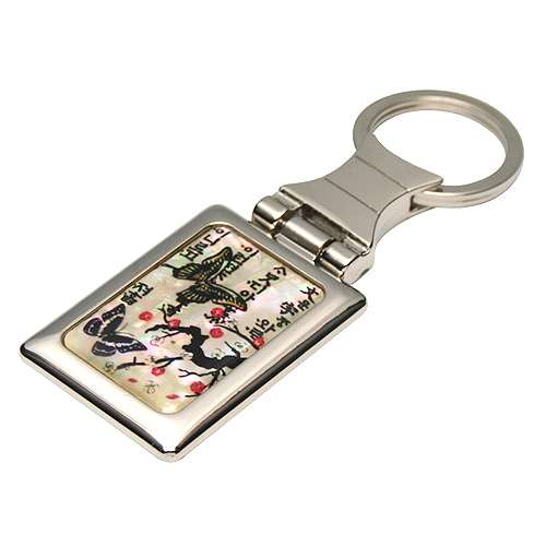 Mother-of-Pearl Square Keyring Plum Blossom Butterfly White