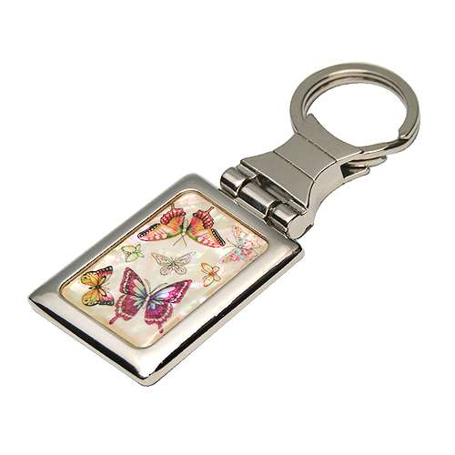 Mother-of-Pearl Square Keyring Colored Butterfly White
