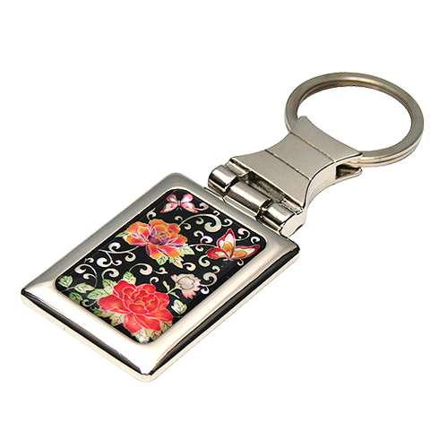 Mother-of-Pearl Square Keyring Peony Butterfly Black