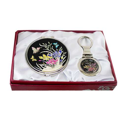 Mother-of-Pearl Mirror and Key Ring 2-Piece Set - Orchid Flower Design