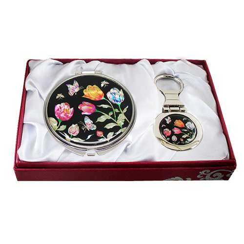 Mother-of-Pearl Mirror and Keyring Set 2-Piece Tulip