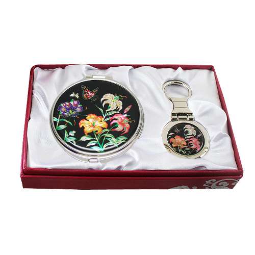 Abalone Shell Mirror & Key Ring 2-Piece Set Lily Flower Black