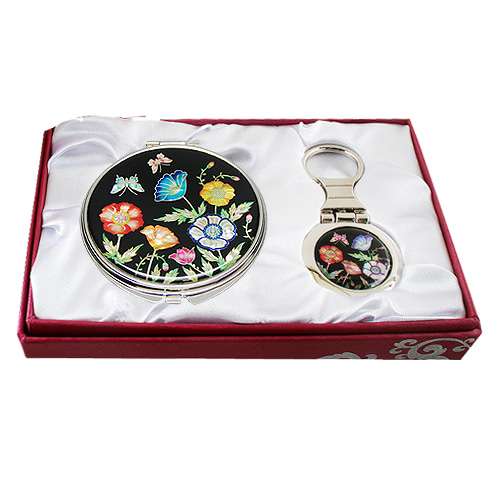 Mother-of-Pearl Mirror and Keyring 2-Piece Set Peony Black