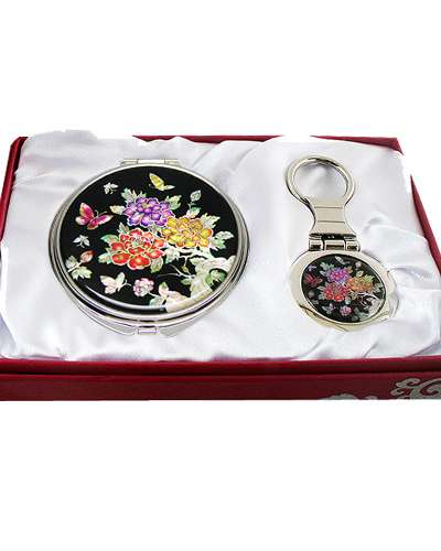 貝殻細工 鏡・キーホルダー 2種セット 牡丹花紋