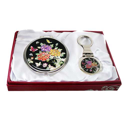 Mother-of-Pearl Mirror and Keyring Set - Peony Flower