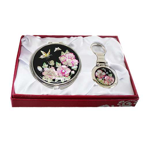 Mother-of-Pearl Mirror and Keyring 2-Piece Set with Mugunghwa Pattern