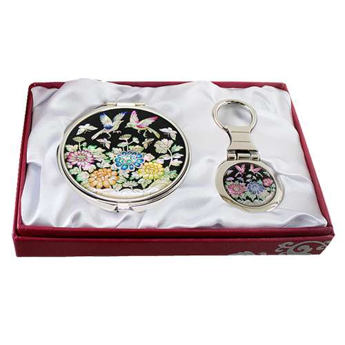Mother-of-Pearl Mirror and Key Ring Set - Birds and Flowers Design