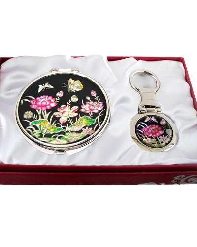 螺鈿鏡 キーホルダー 2種セット 蓮花 黒