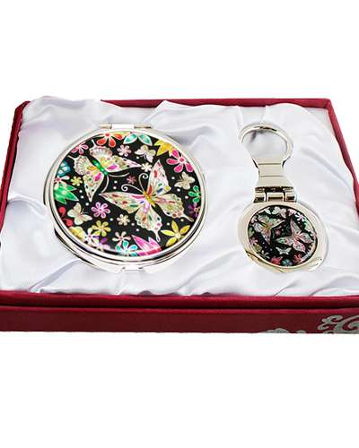 螺鈿鏡・鍵セット2種 花蝶1 黒