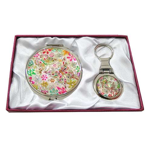 Mother-of-Pearl Mirror and Keyring Set 2-Piece Flower Butterfly 1 White