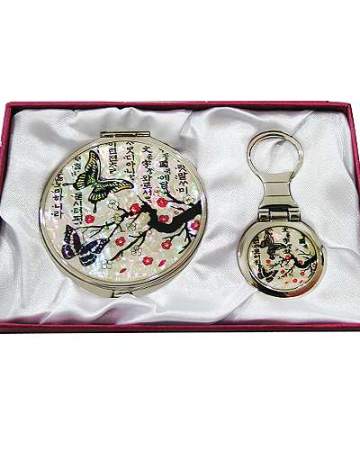 螺鈿鏡キーホルダー 2種セット 梅蝶1 白