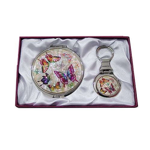 Mother-of-Pearl Mirror & Key Ring 2-Piece Set - Butterfly White