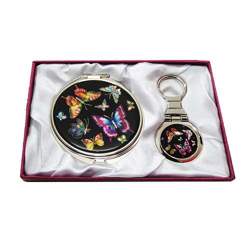 Mother-of-Pearl Mirror & Key Ring 2-Piece Set Colored Butterfly Black