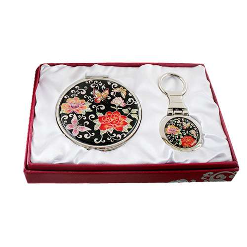 Mother-of-Pearl Hand Mirror and Keyring Set 2-Piece Peony Butterfly Black