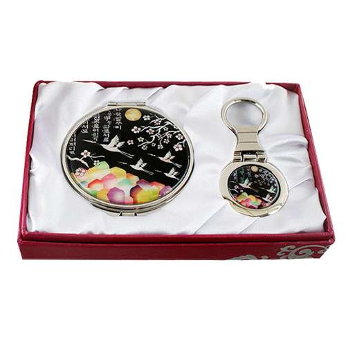 Mother-of-Pearl Mirror & Keyring 2-Piece Set - Plum Blossom and Crane Black