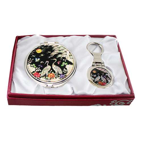 Abalone Shell Mirror and Key Ring 2-Piece Set - Peony and Pine Crane