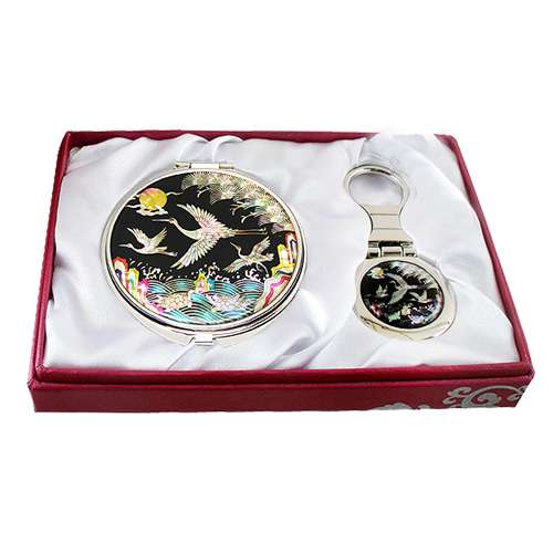 Mother-of-Pearl Mirror and Key Ring 2-Piece Set – Wave and Crane Pattern