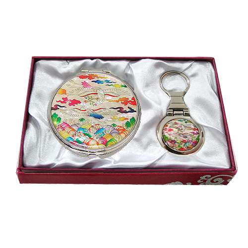 Mother-of-Pearl Mirror and Keyring 2-Piece Set - Crane and Plum Blossom Badge