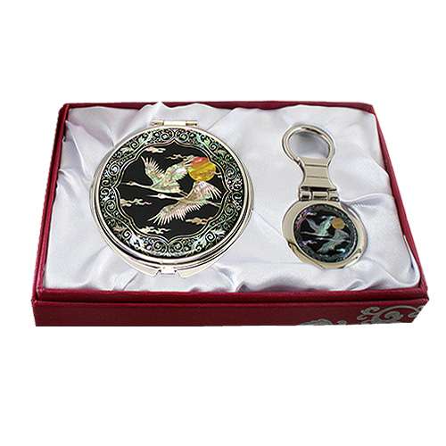 Mother-of-Pearl Mirror and Key Ring 2-Piece Set - Cloud and Crane