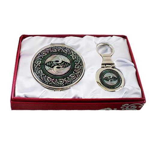 Mother-of-Pearl Mirror and Keyring Set (Pair of Cranes)